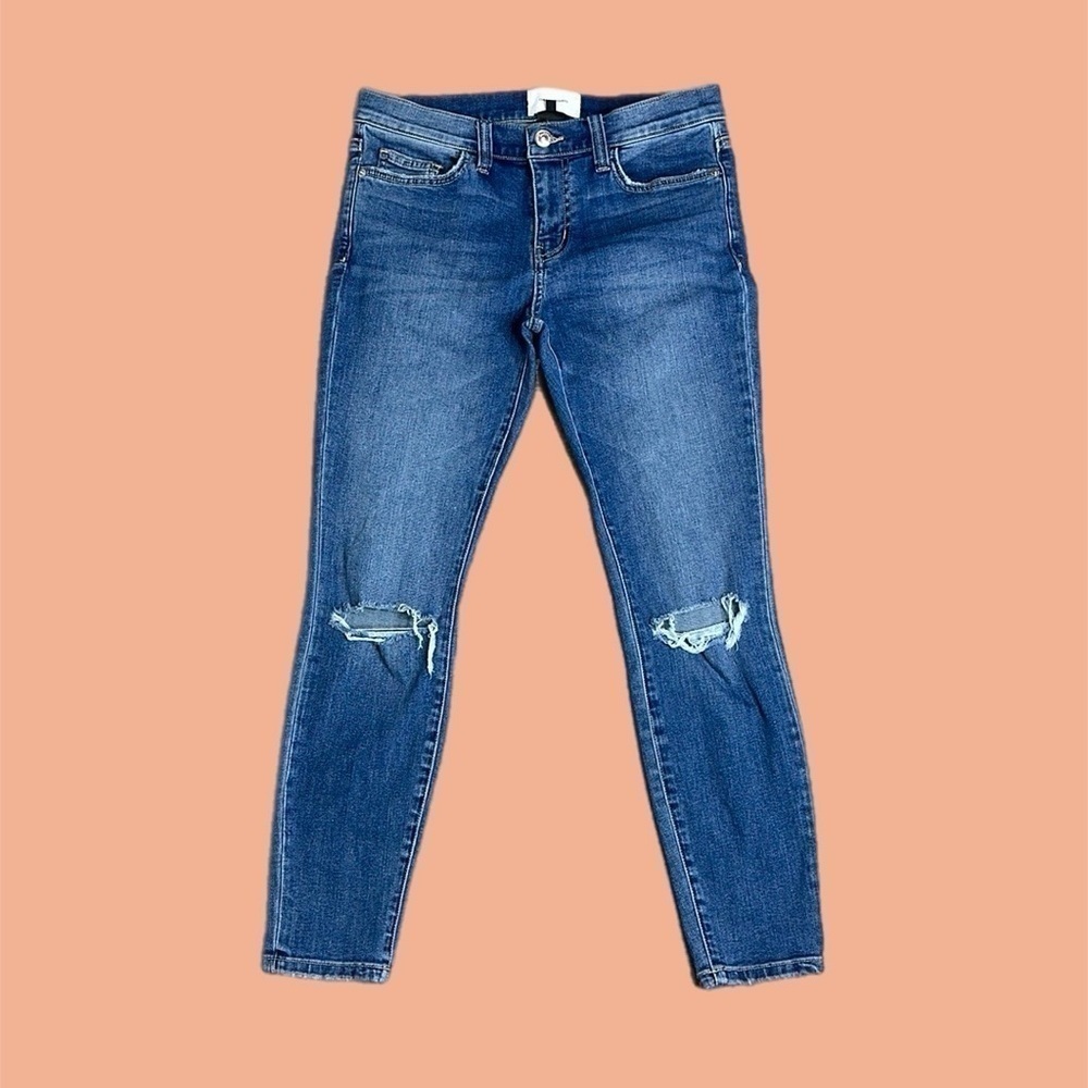 Current/Elliott Women’s Distressed Mid-Rise Skinny Jeans in Blue Sz 28